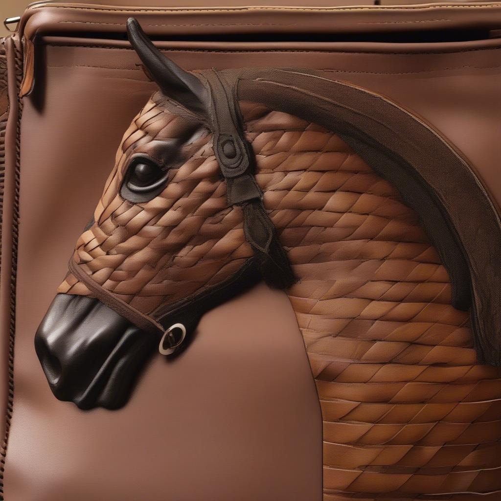 Close-up of a vintage horse head woven bag showing intricate weaving and leather details