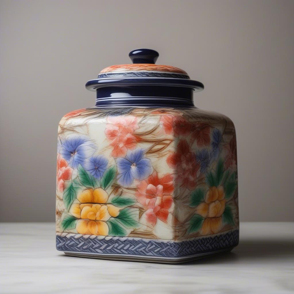 Close-up of a Vintage Japan Basket Weave Ceramic Square Cookie Jar