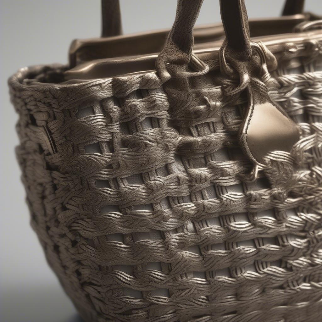 Close-up of a vintage metal basket weave purse showcasing intricate details and craftsmanship