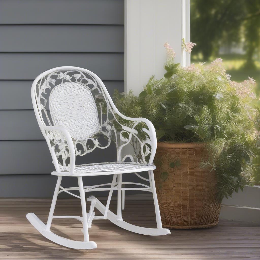 Vintage metal basket weave rocker in an outdoor setting