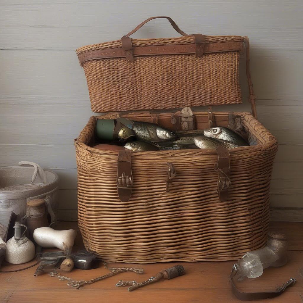 Antique Rattan Fishing Basket with Leather Straps