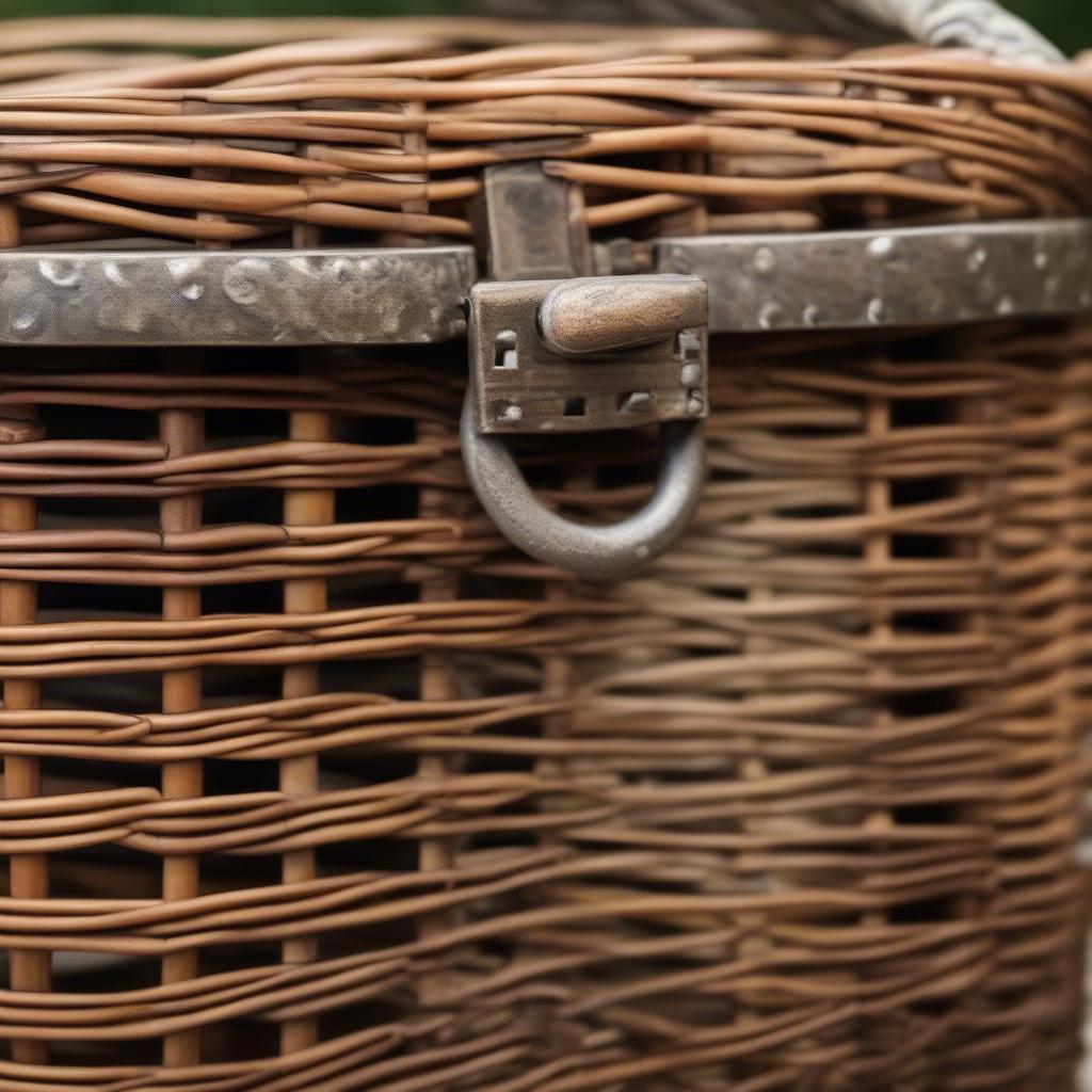 Close-up of a vintage rattan and wicker basket with a metal latch