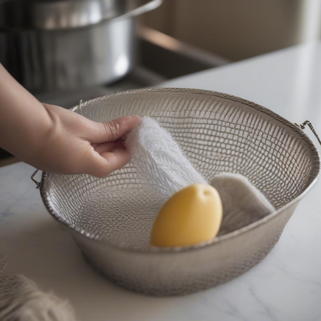 Cleaning a vintage silver metal weave serving basket with a soft cloth and mild soap.