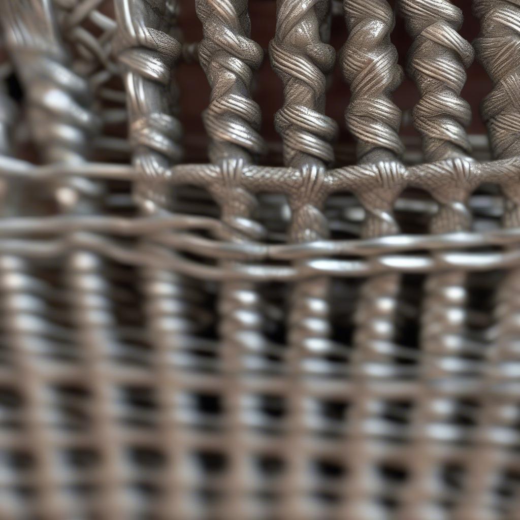 Close-up of a vintage silver metal weave serving basket, showcasing its intricate details and patina.