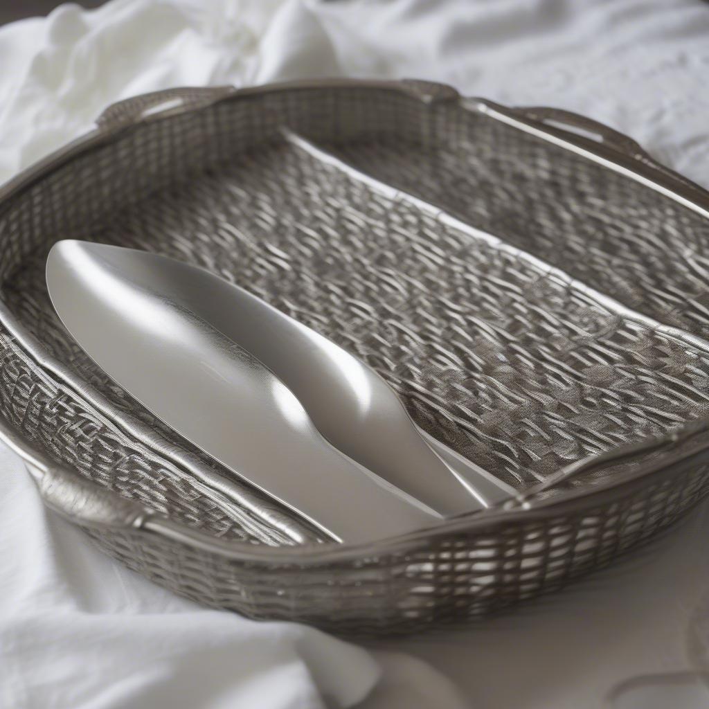 Vintage silver metal weave serving basket tray displaying intricate craftsmanship and elegant design.