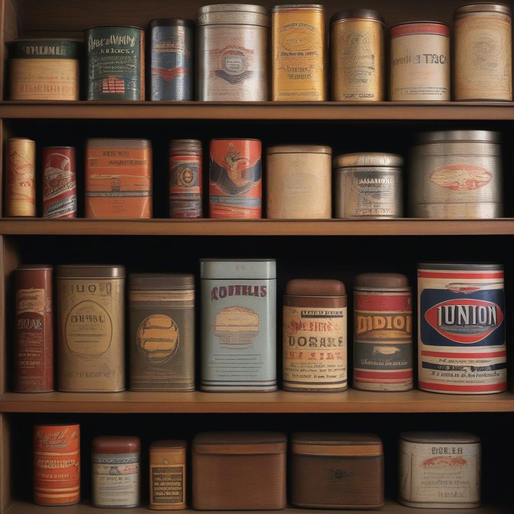 Vintage Tobacco Tin Collection Displayed on a Shelf