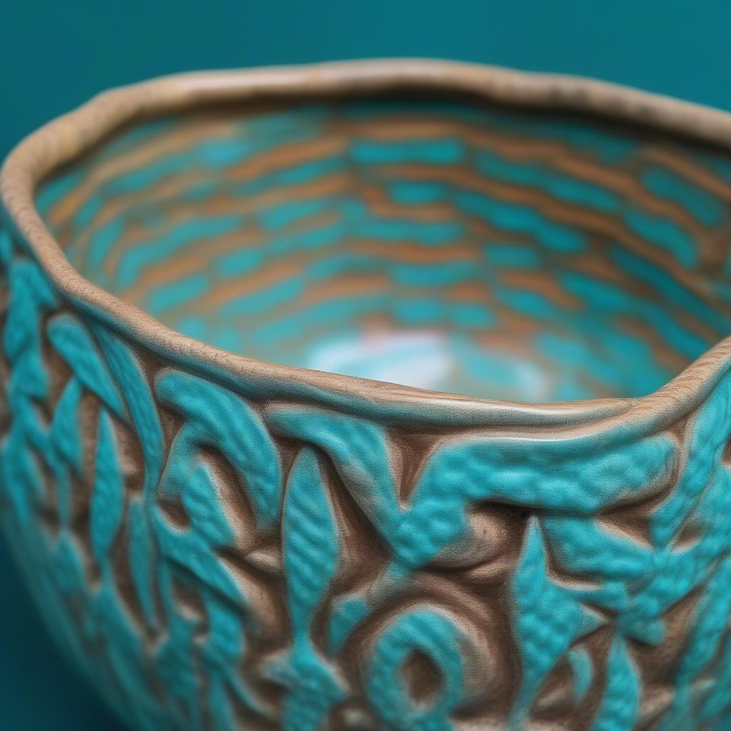 Close-up of a vintage turquoise basket weave planter showcasing the intricate details and vibrant color.