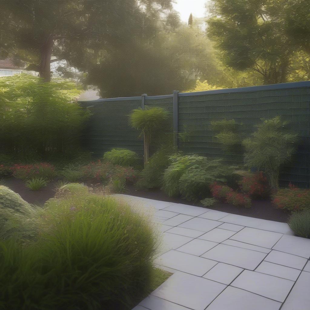 A vinyl basket weave fence surrounding a beautiful garden, showcasing its aesthetic appeal and privacy function.