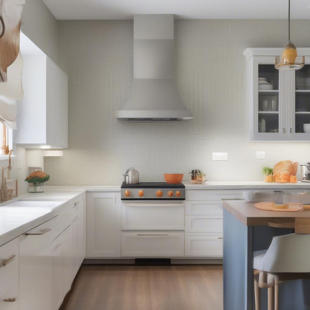 Durable vinyl basket weave wallpaper in a kitchen setting