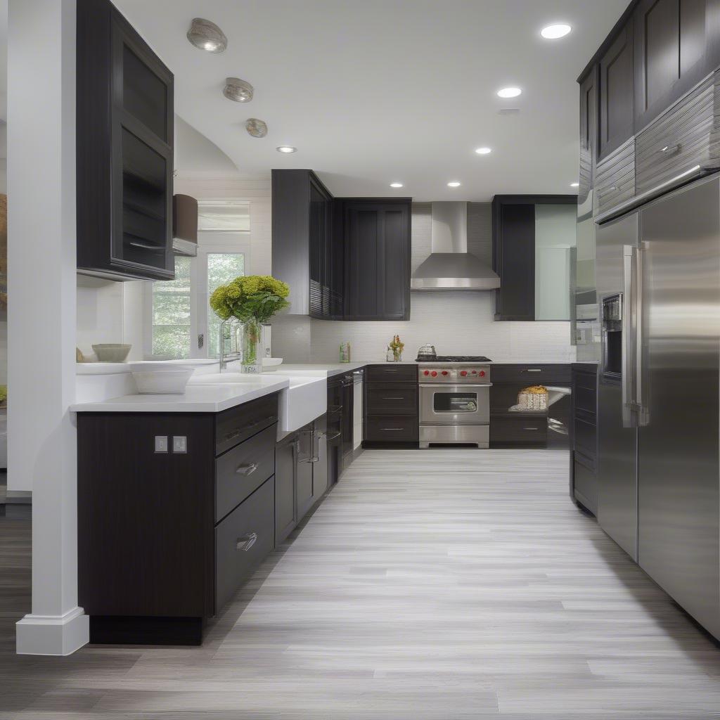 Vinyl plank basket weave design in a modern kitchen