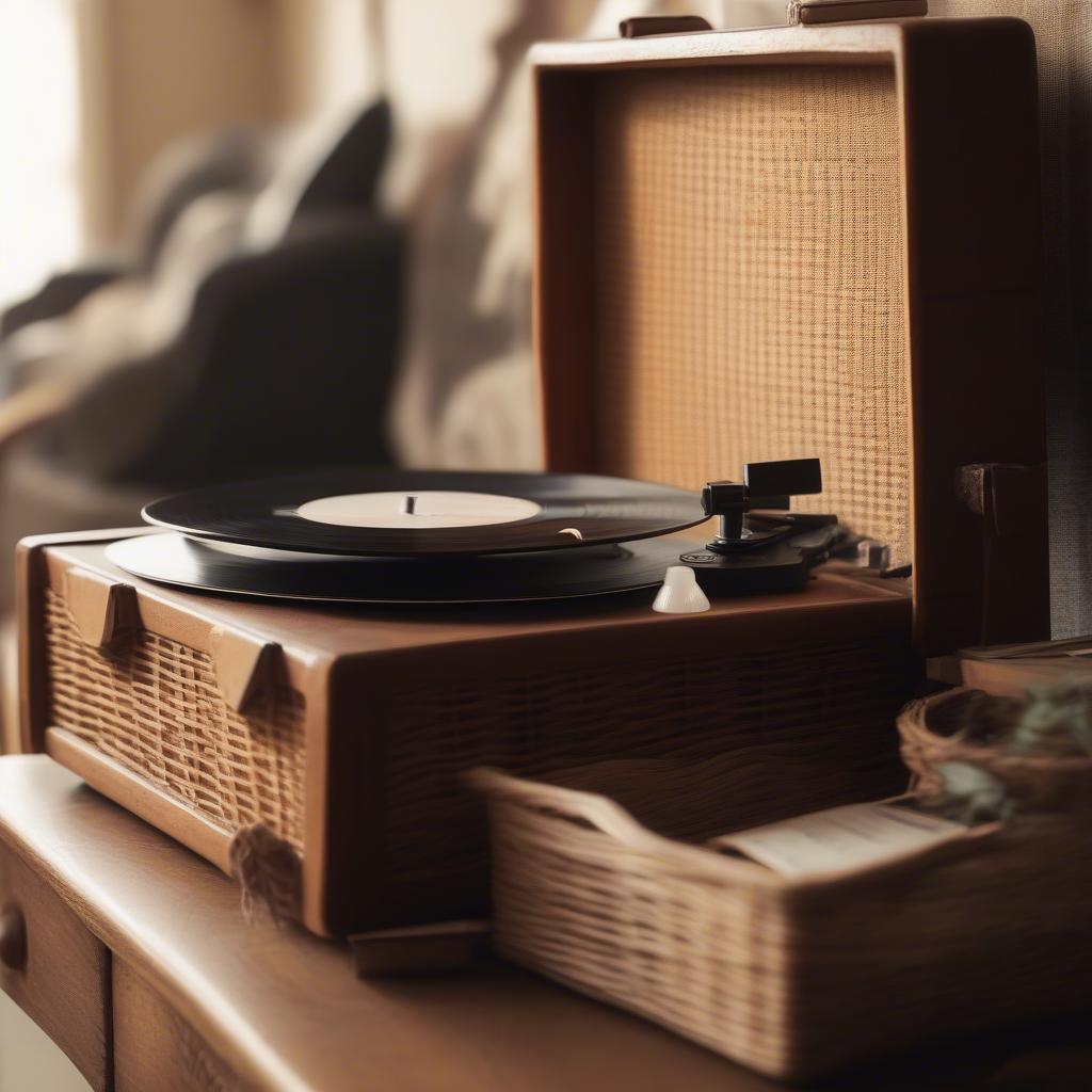 A vintage record player with a basket full of vinyl records