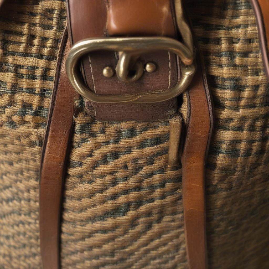 Close-up view of a vintage Miles Woven Ctge Belt Co canvas bag, showcasing the woven details and aged patina