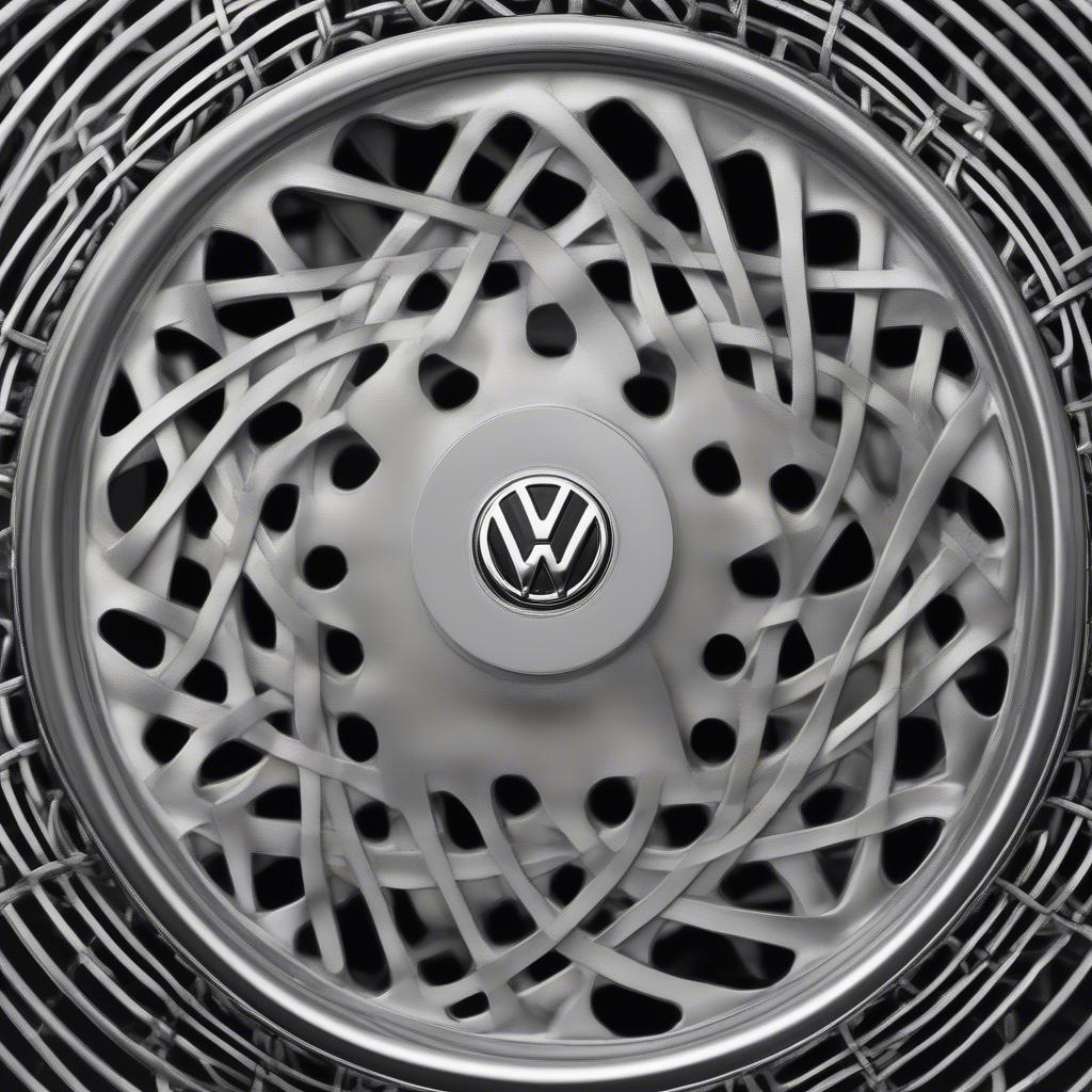 Close-up view of a VW basket weave alloy wheel, showcasing the intricate details and craftsmanship