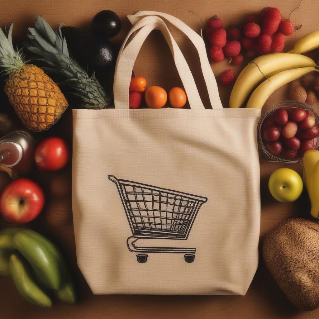 A waffle weave tote bag filled with groceries