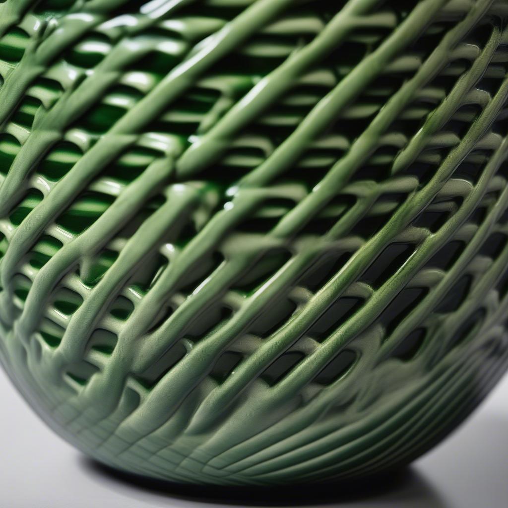 Closeup of the Walmart green basket weave ceramic pot showing the detailed texture and vibrant green glaze