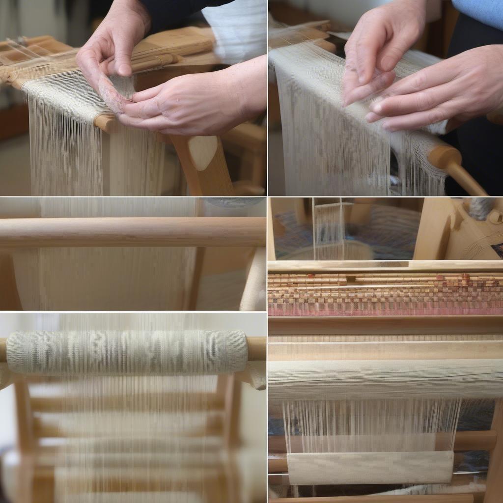 The process of warping a loom, preparing it for basket weave.