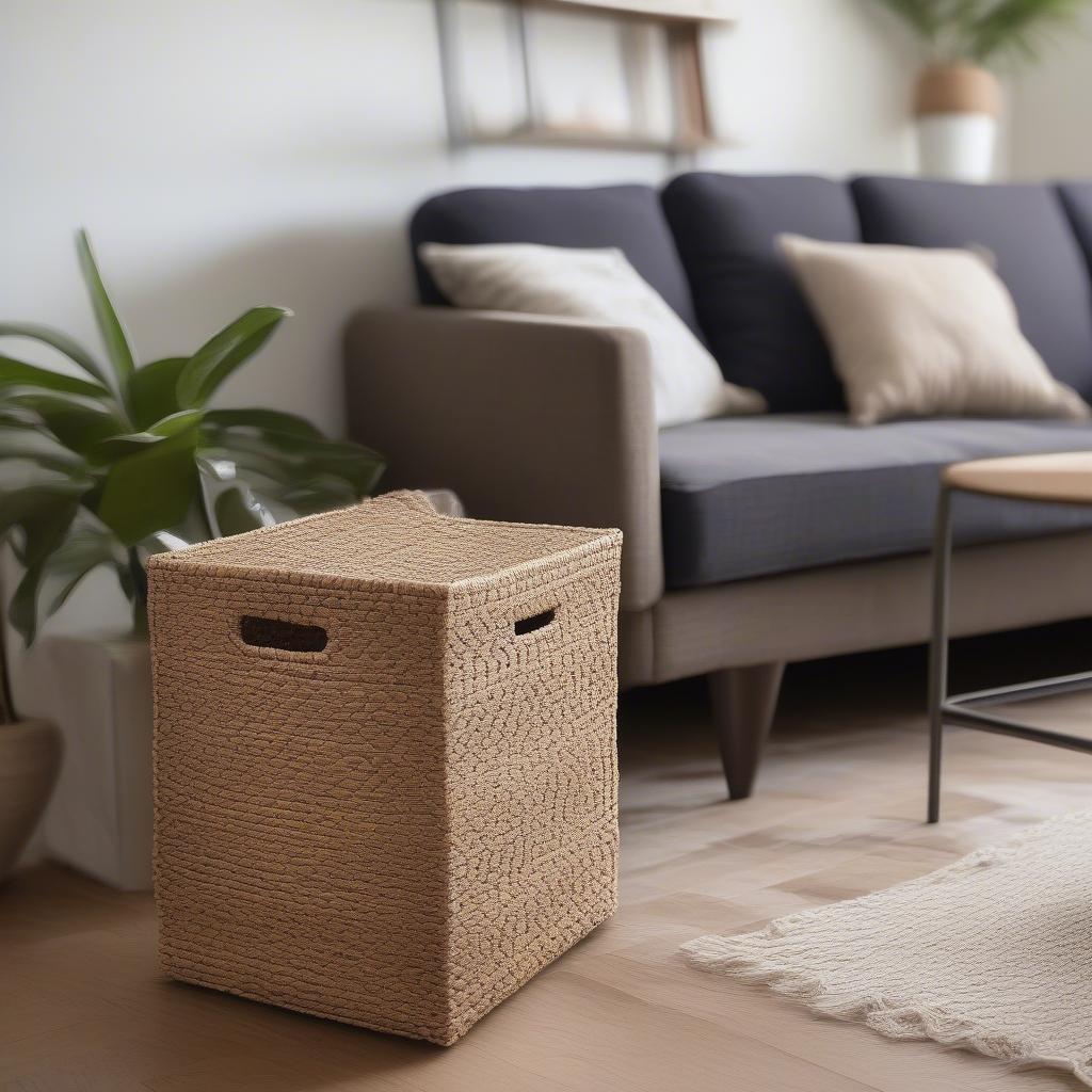 Small Weave Water Hyacinth Cube Storage Basket in a Living Room Setting