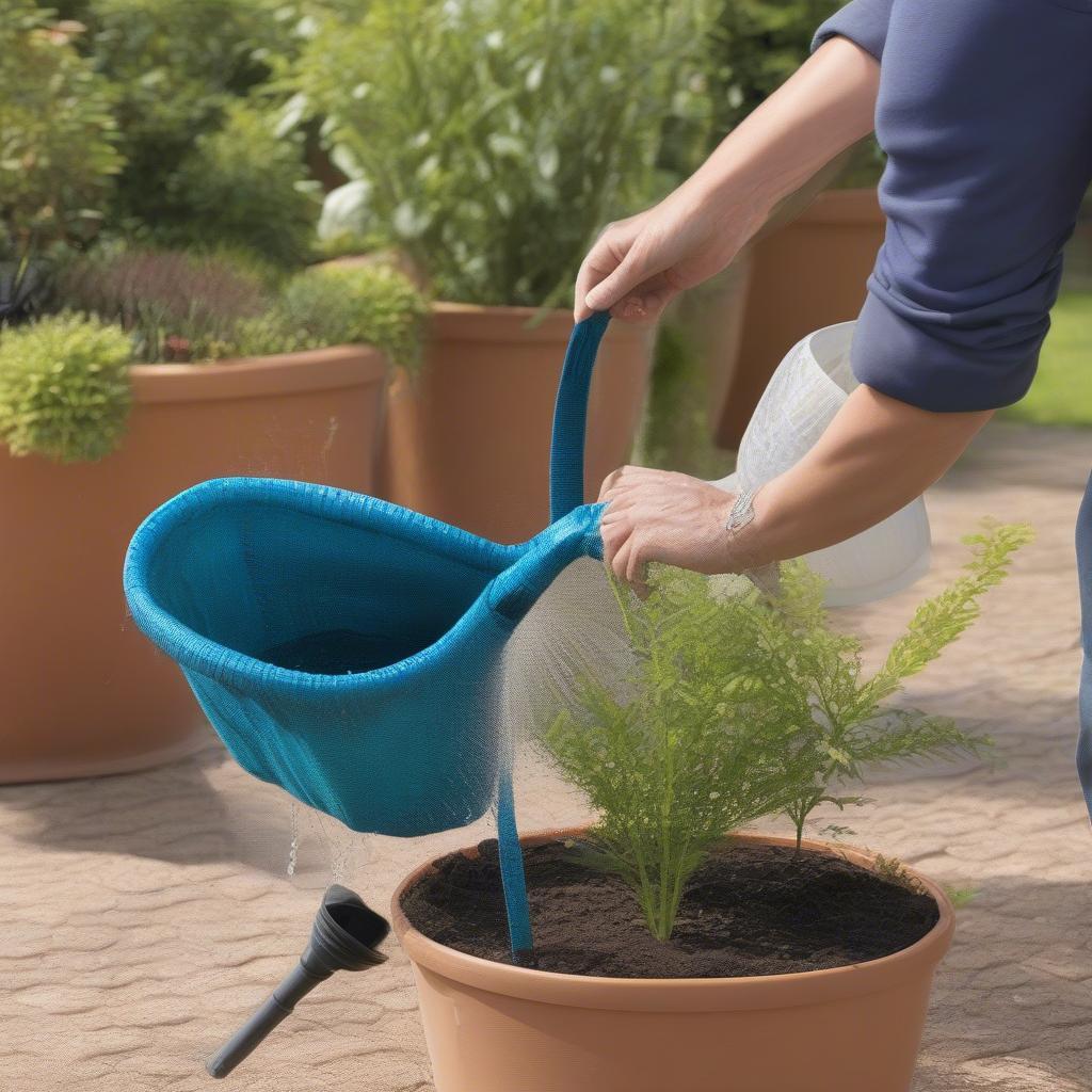 Watering an easi-lift woven planter bag