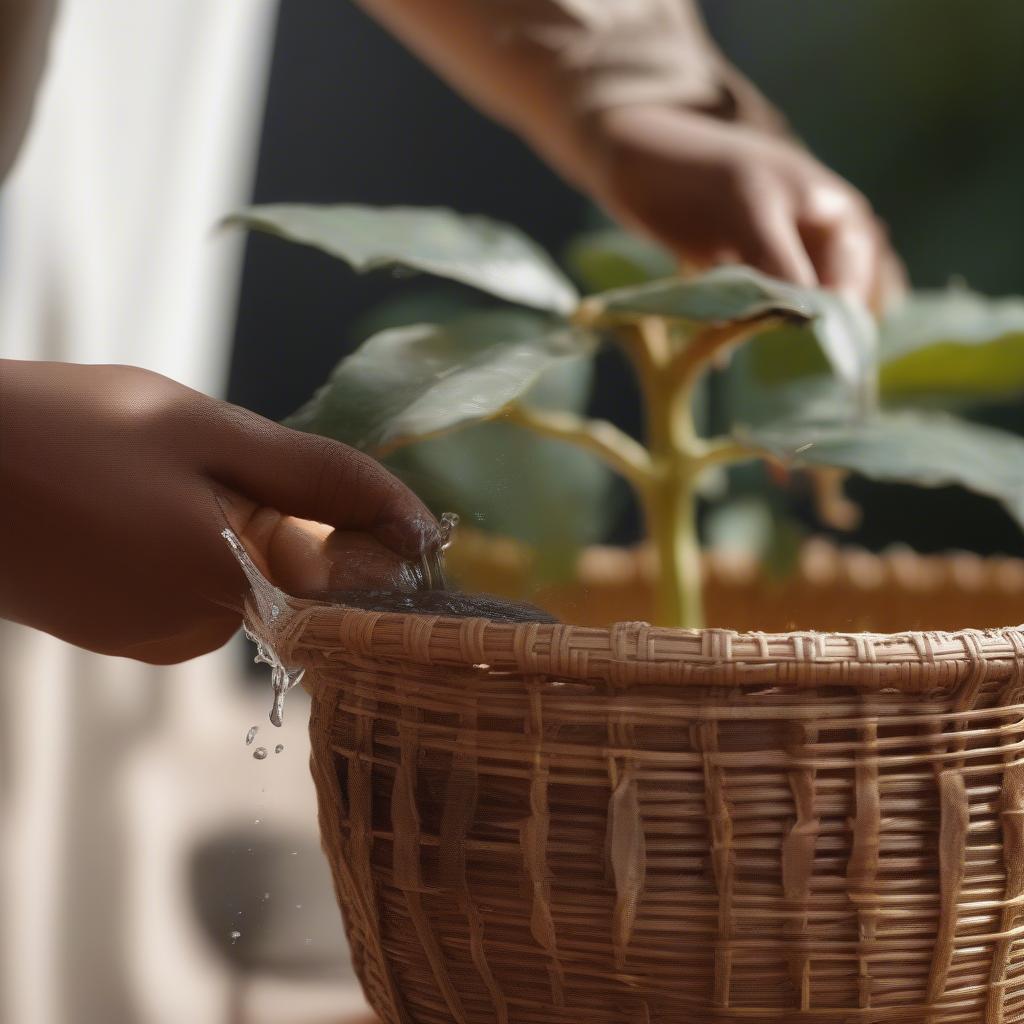 Watering Plants in a Weaved Basket Pot