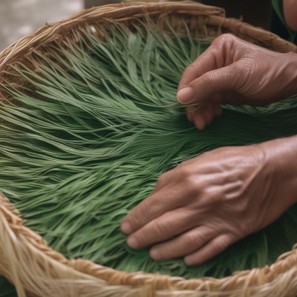 Close-up of hands weaving a basket with watsonia leaves