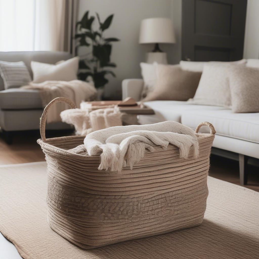 Woven Basket Blanket Storage in Living Room