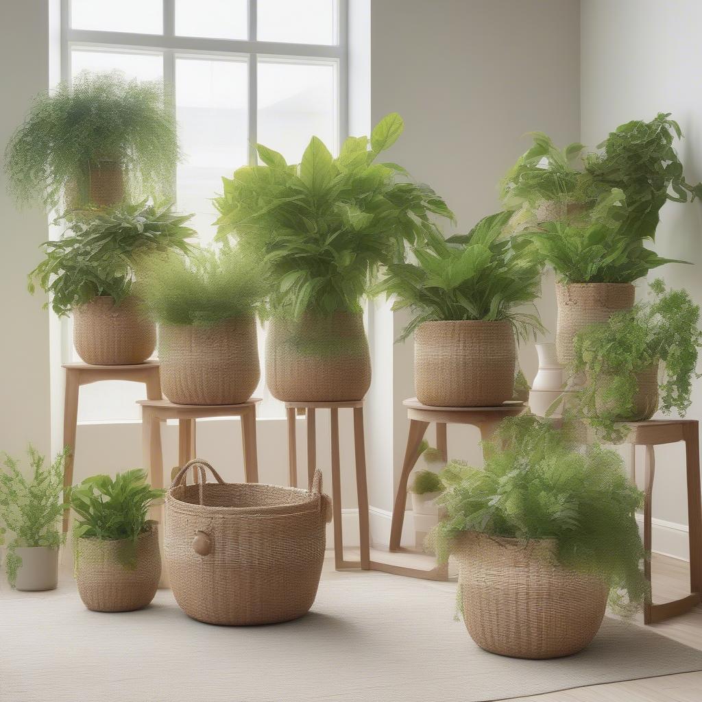 Woven baskets used as planters for indoor plants.