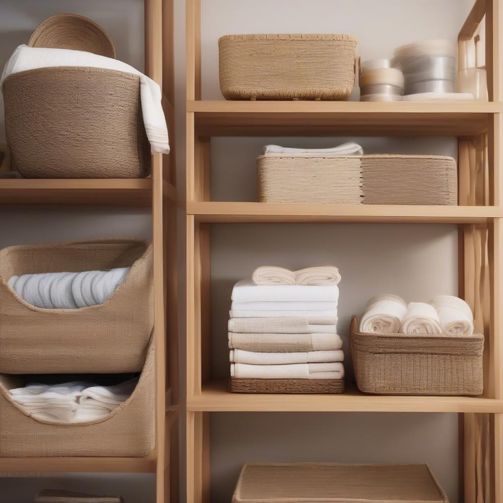 Woven baskets used for organizing various items in a home setting.