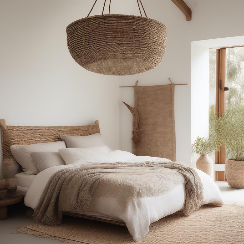 A woven basket hanging on the wall as a decorative piece in a bedroom.