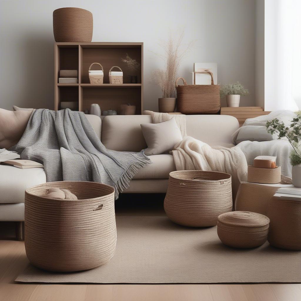 Woven storage baskets in a living room setting