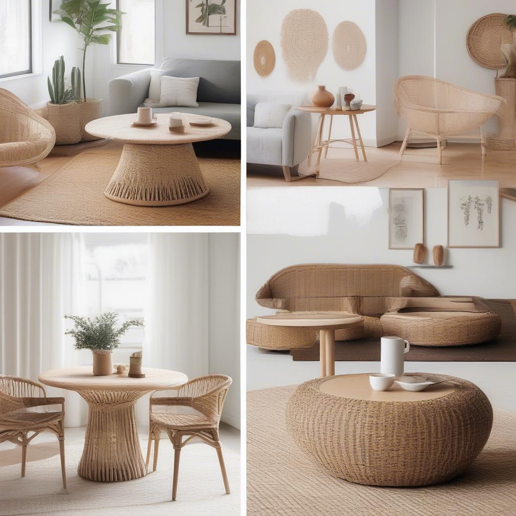 Examples of weave tables in different home settings, showcasing their versatility and how they can complement various interior design styles.