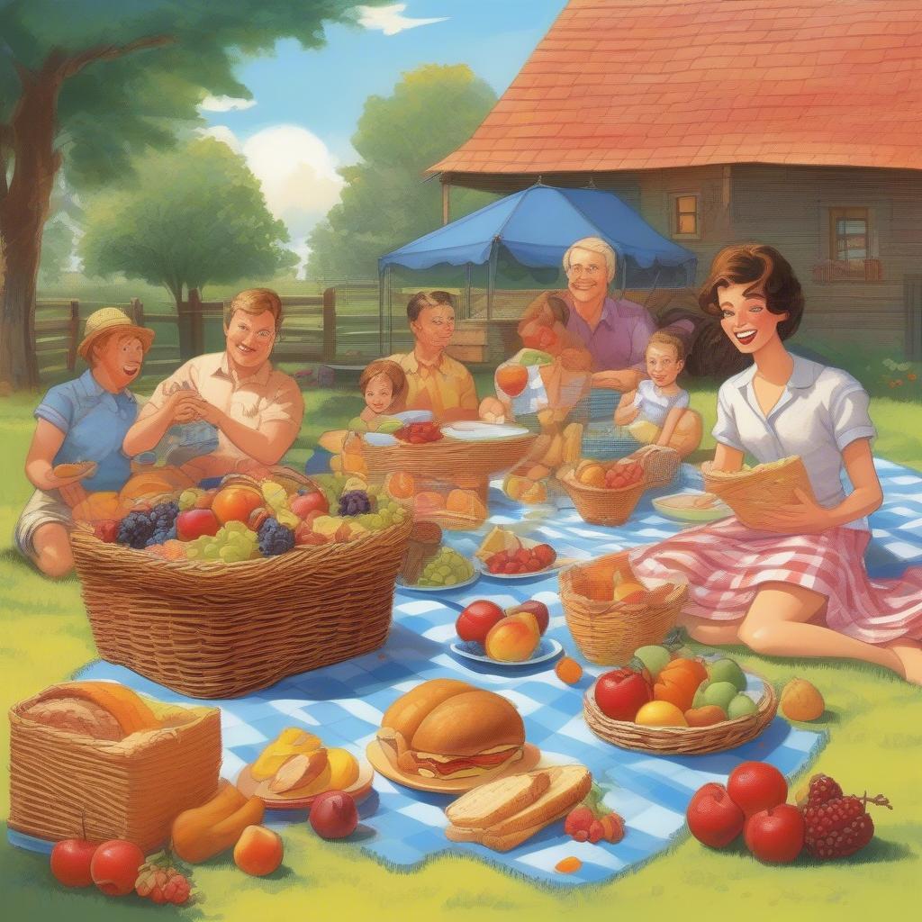 Cartoon picnic scene with a weaved basket