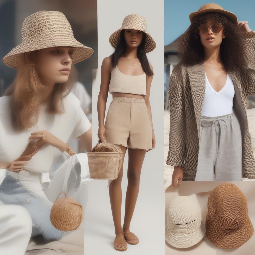 A collage showcasing different outfits styled with weaved bucket hats.