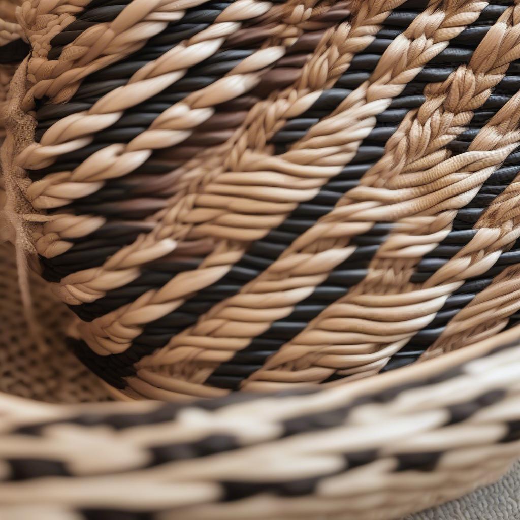 Close up of a weaved moses basket showing the intricate detail of the weave.