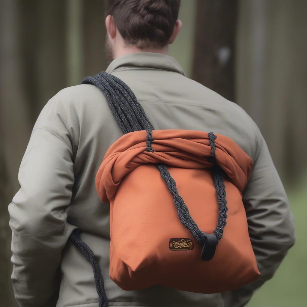 A person carrying a weaver bull rope bag in a casual everyday setting.