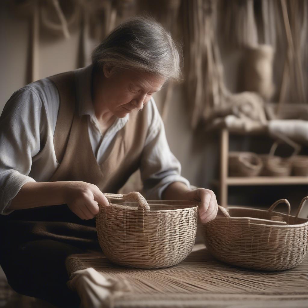 A weaver carefully examines a partially completed basket, looking for opportunities presented by "god mistakes."