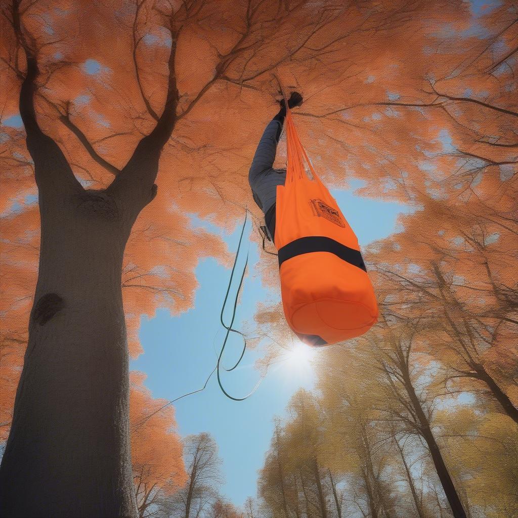 Arborist using a weaver throw line bag to set up a rope system in a tall tree