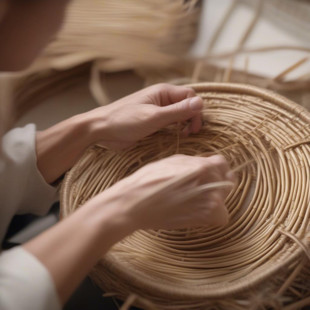 Starting to weave a round reed basket