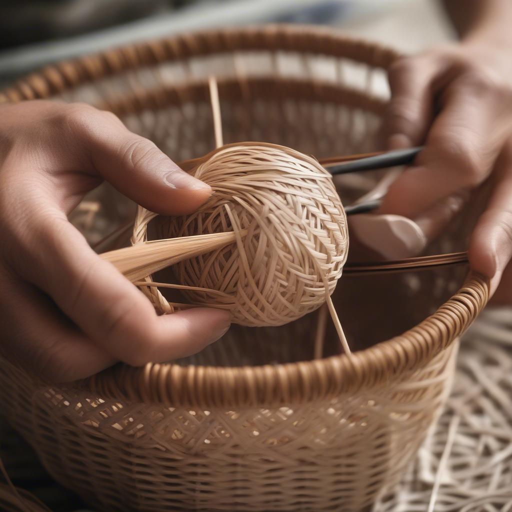 Weaving an egg basket using natural wicker and rattan.