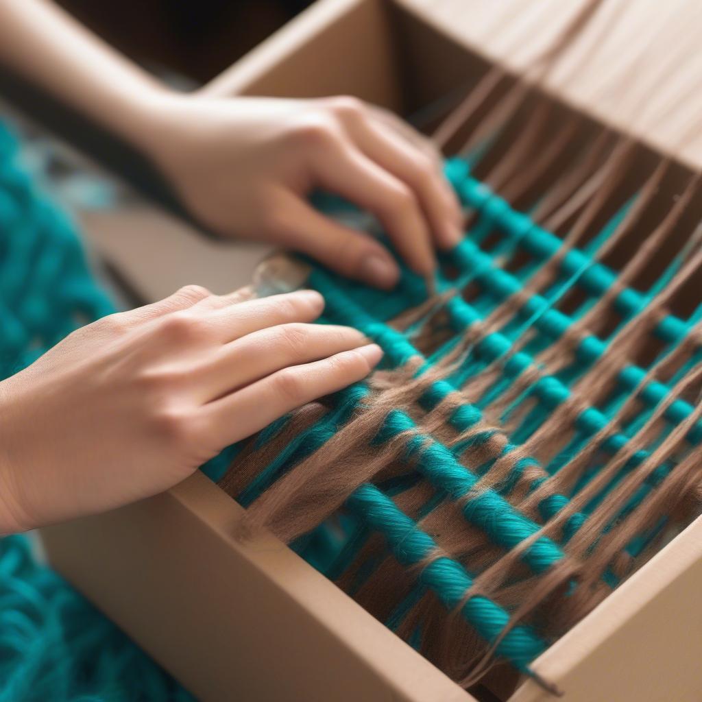 Weaving a yarn bag on a cardboard box