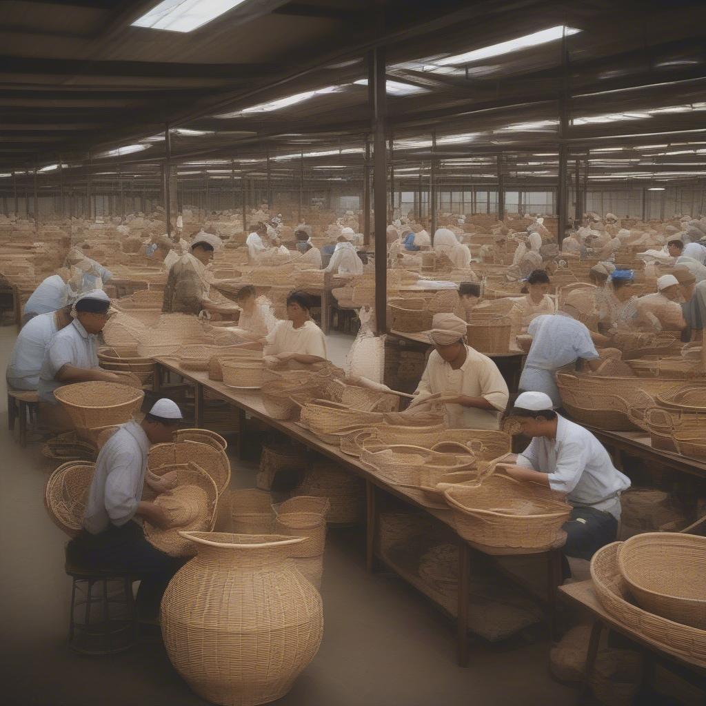 A bustling weaving basket factory production line showing artisans crafting baskets.