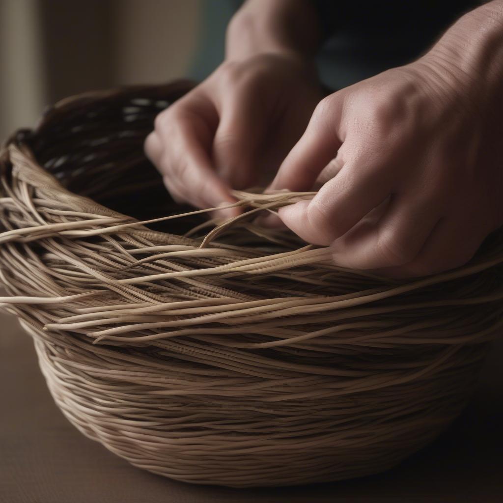 Weaving the walls of a foraging basket using the twining technique.