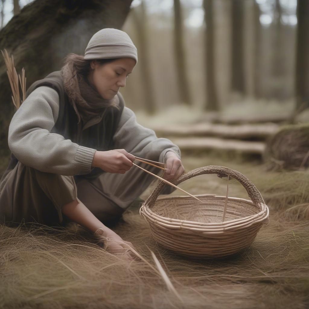 Weaving baskets and mats for survival in the wilderness.