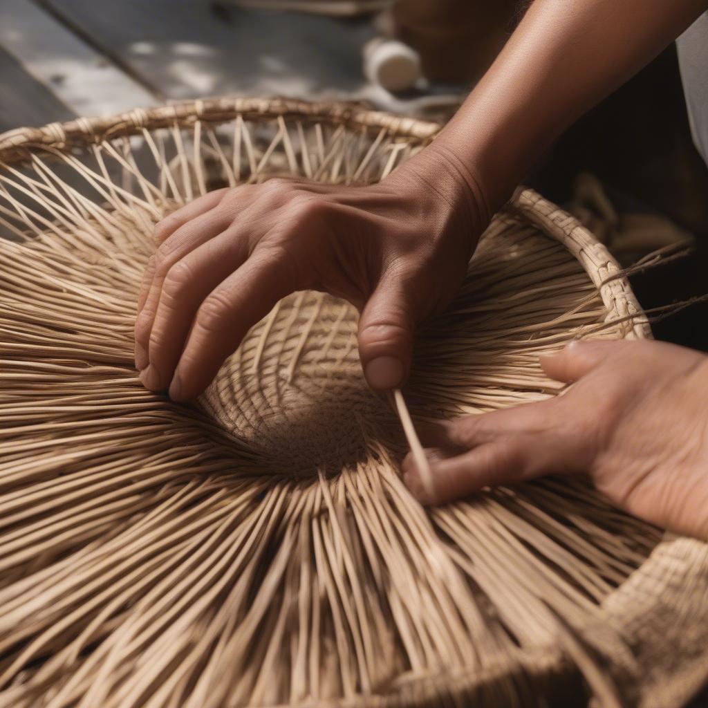 Starting the process of weaving branches into a basket