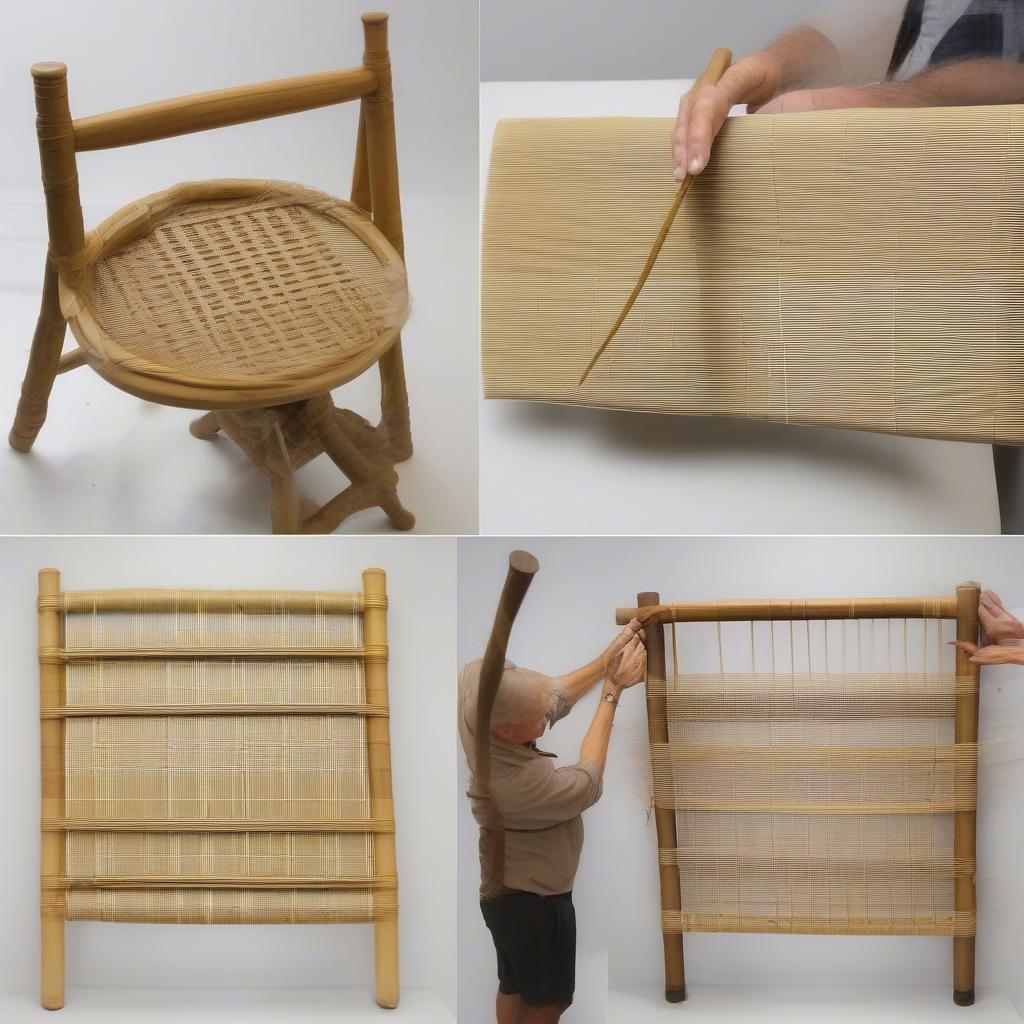 Step-by-step illustration of the cane weaving process on a chair back.