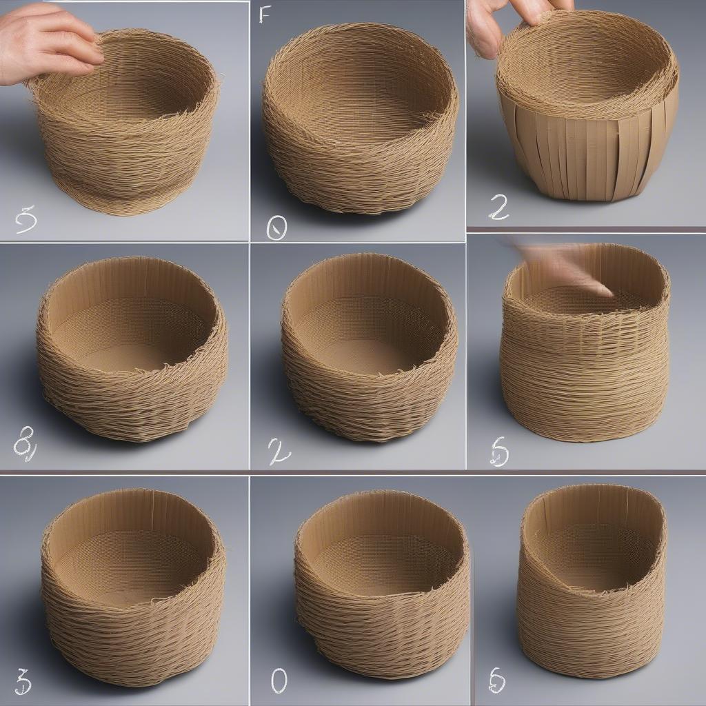 Weaving the base of a cardboard basket using an over-under technique.