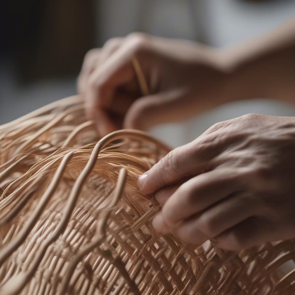 Weaving a chair seat with natural rattan material