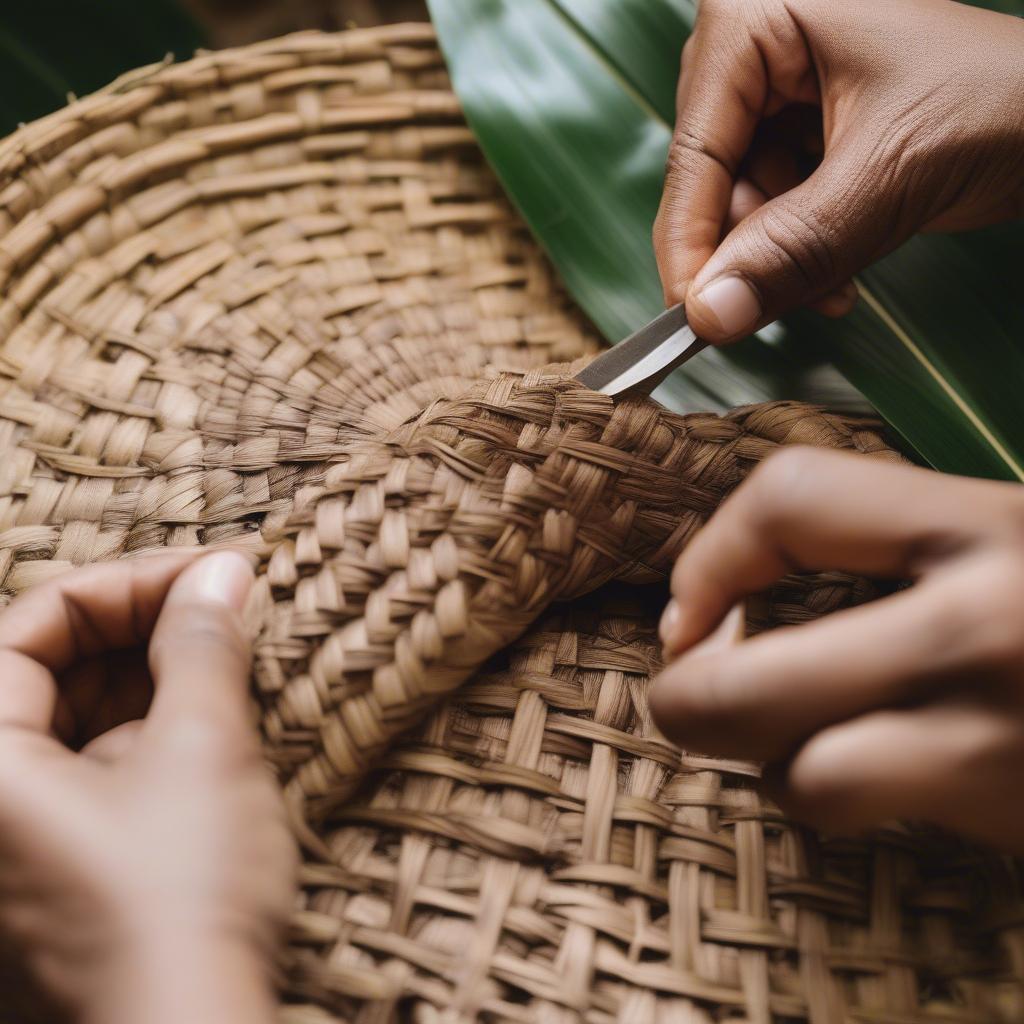 Weaving the walls of a coconut leaf basket