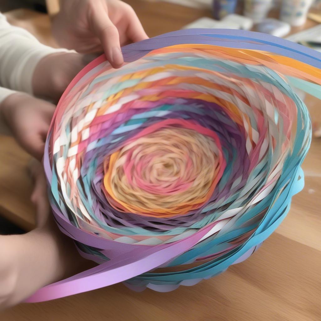 Weaving a colorful paper Easter basket with strips of paper in different shades.