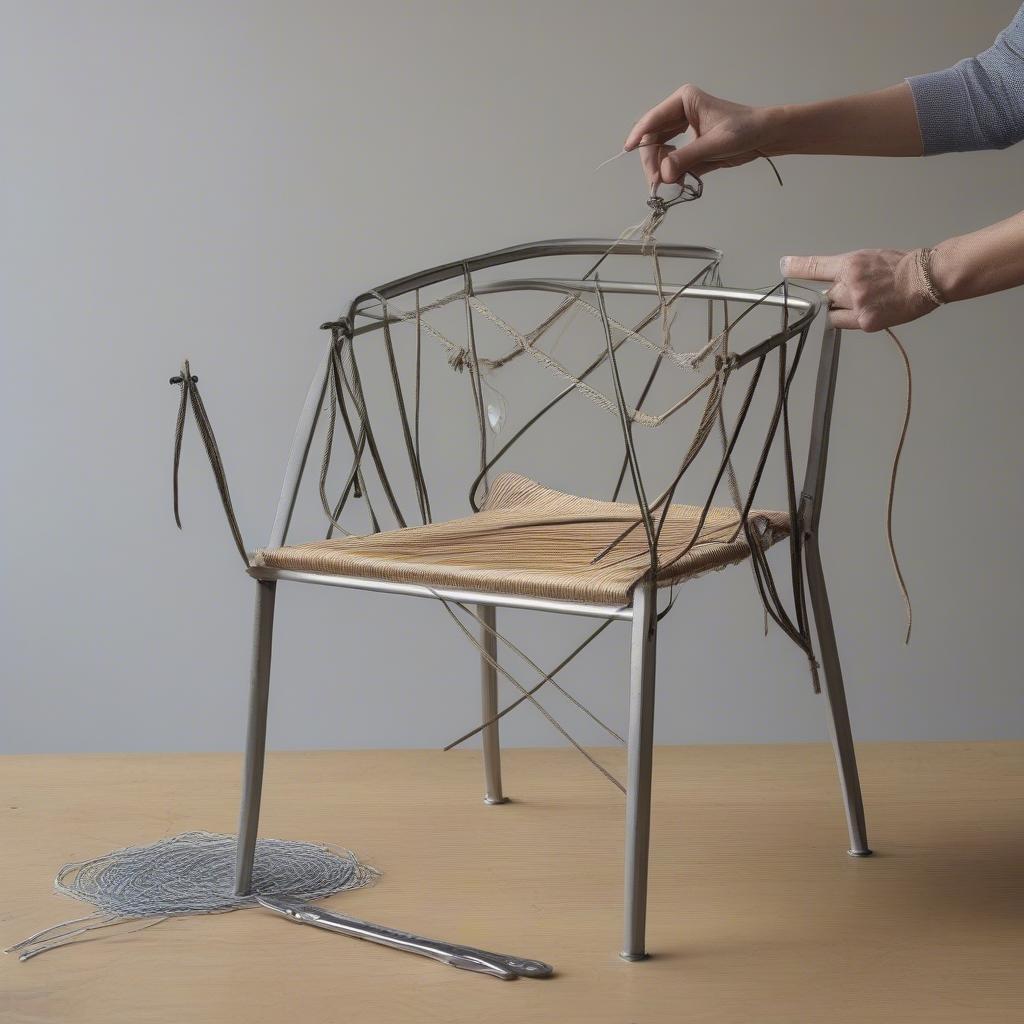 Weaving Cord on a Metal Chair Frame