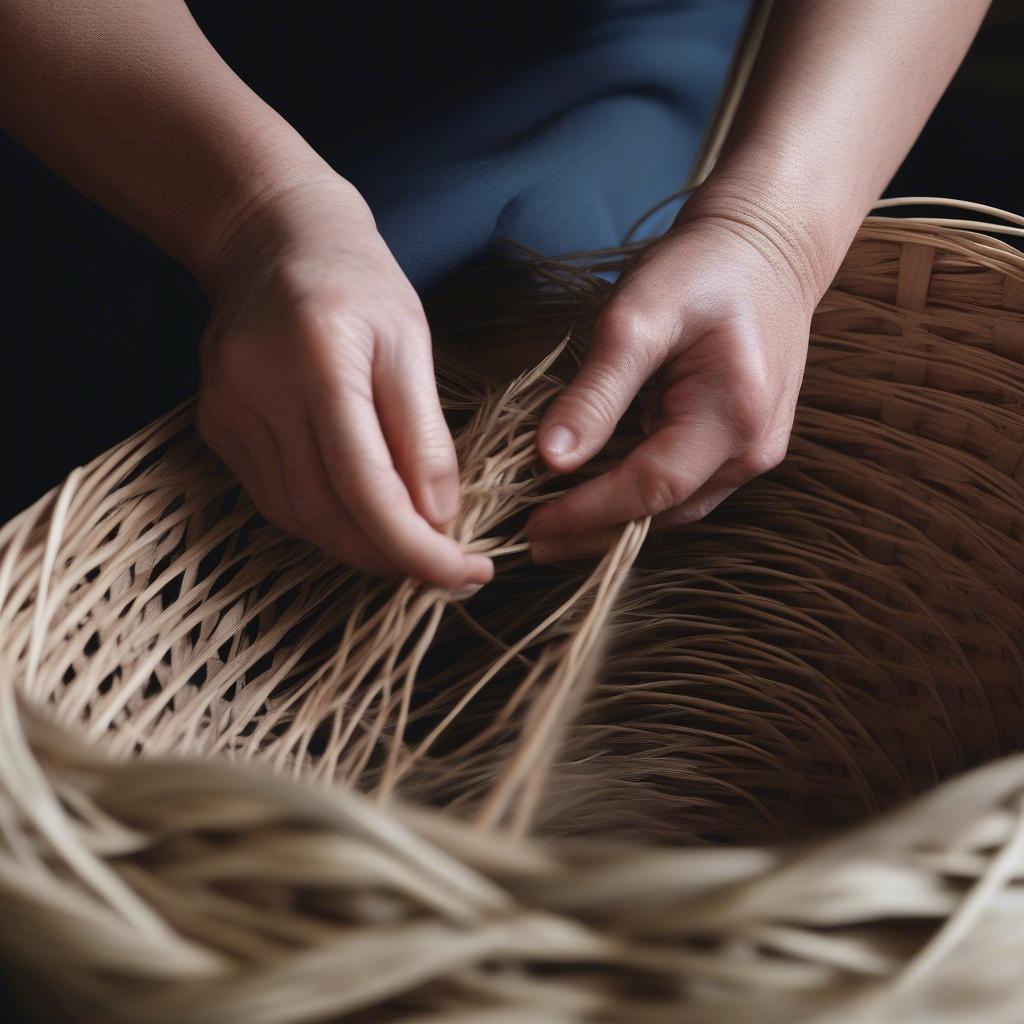 Weaving a foraging basket using natural materials like willow or reed.